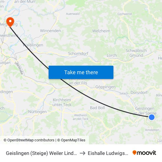 Geislingen (Steige) Weiler Lindenhof to Eishalle Ludwigsburg map