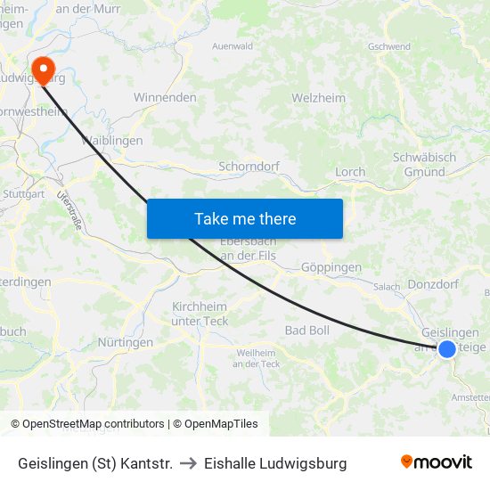 Geislingen (St) Kantstr. to Eishalle Ludwigsburg map