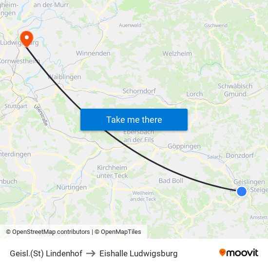 Geisl.(St) Lindenhof to Eishalle Ludwigsburg map