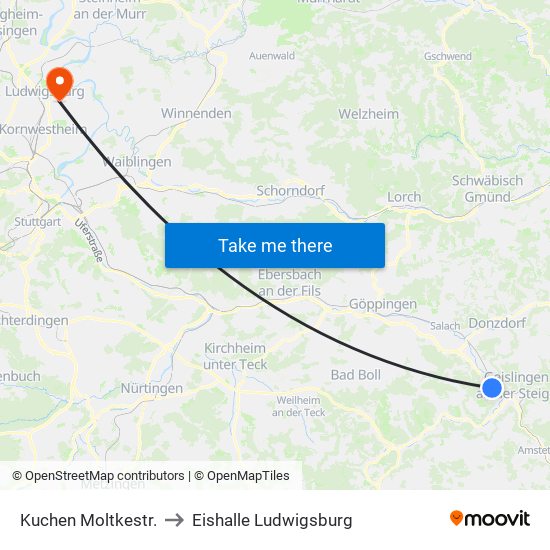 Kuchen Moltkestr. to Eishalle Ludwigsburg map