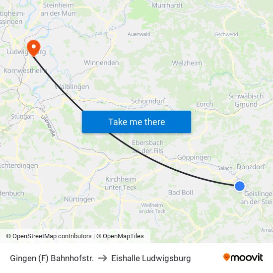 Gingen (F) Bahnhofstr. to Eishalle Ludwigsburg map