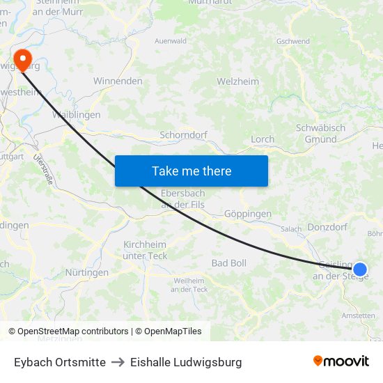 Eybach Ortsmitte to Eishalle Ludwigsburg map