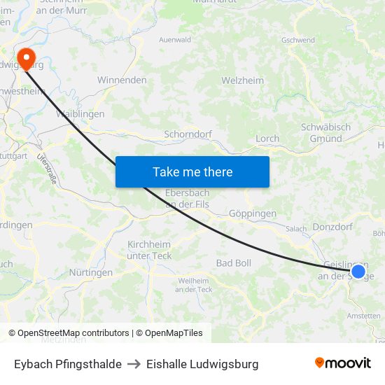 Eybach Pfingsthalde to Eishalle Ludwigsburg map