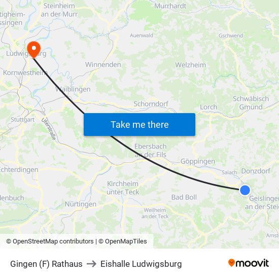 Gingen (F) Rathaus to Eishalle Ludwigsburg map