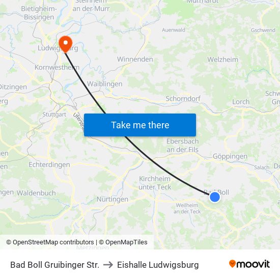 Bad Boll Gruibinger Str. to Eishalle Ludwigsburg map