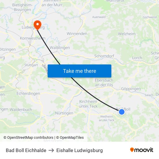 Bad Boll Eichhalde to Eishalle Ludwigsburg map