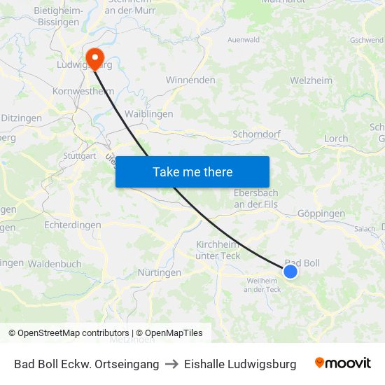 Bad Boll Eckw. Ortseingang to Eishalle Ludwigsburg map