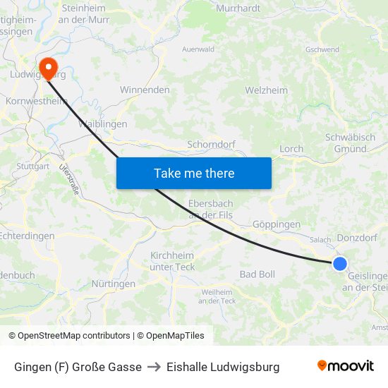 Gingen (F) Große Gasse to Eishalle Ludwigsburg map