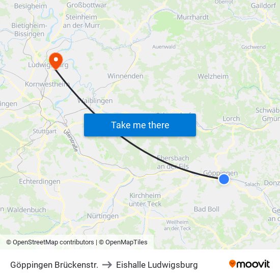 Göppingen Brückenstr. to Eishalle Ludwigsburg map
