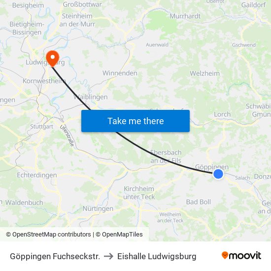 Göppingen Fuchseckstr. to Eishalle Ludwigsburg map
