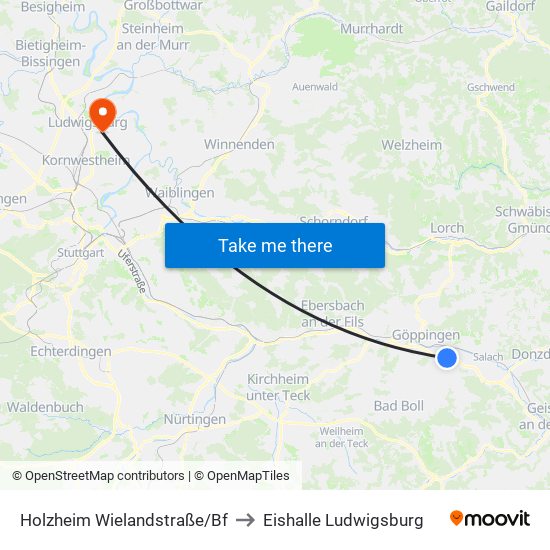 Holzheim Wielandstraße/Bf to Eishalle Ludwigsburg map