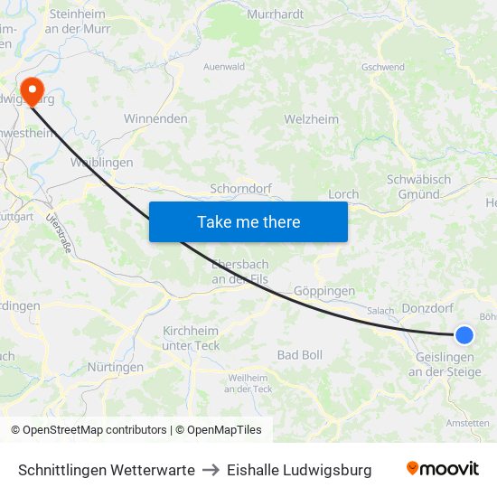 Schnittlingen Wetterwarte to Eishalle Ludwigsburg map