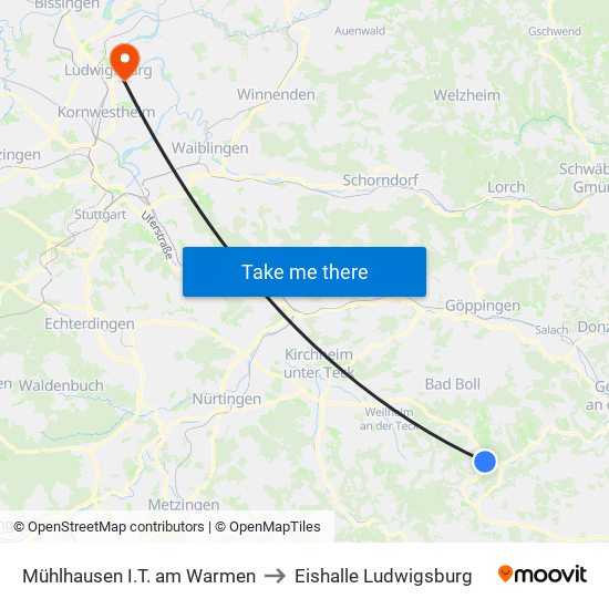Mühlhausen I.T. am Warmen to Eishalle Ludwigsburg map