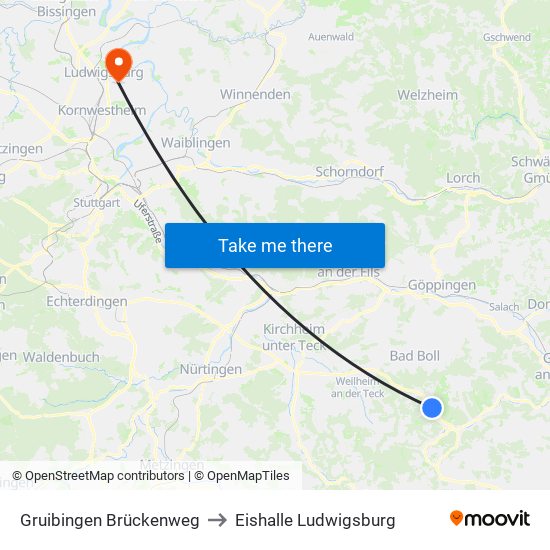 Gruibingen Brückenweg to Eishalle Ludwigsburg map