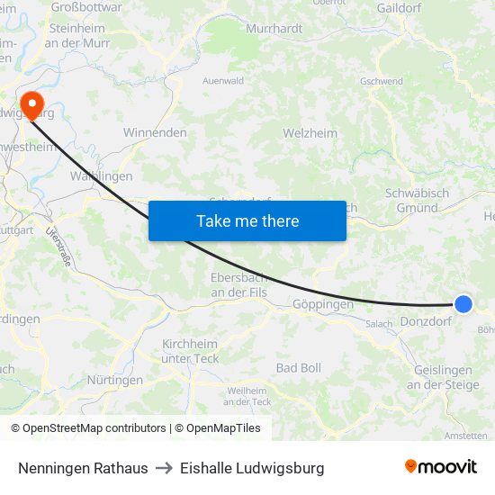 Nenningen Rathaus to Eishalle Ludwigsburg map