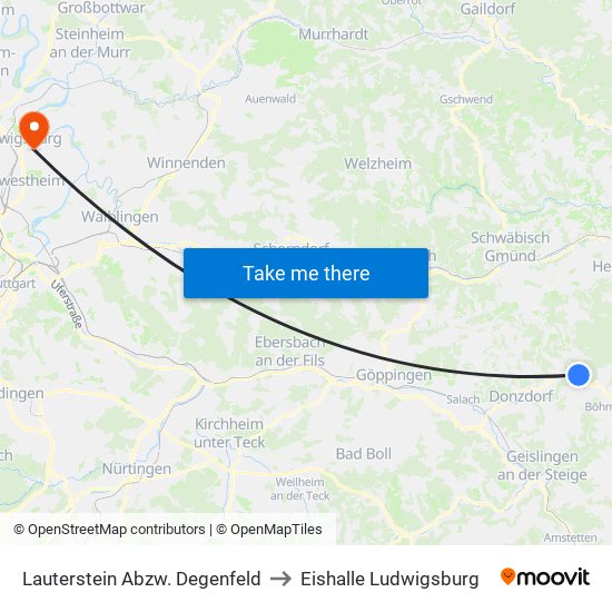 Lauterstein Abzw. Degenfeld to Eishalle Ludwigsburg map