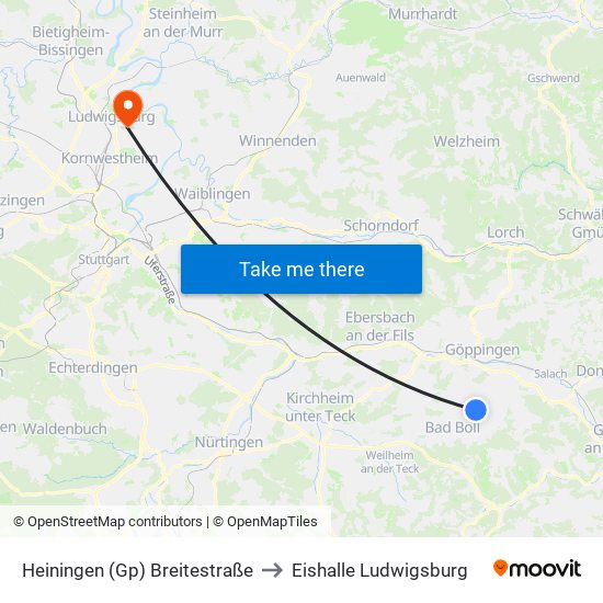 Heiningen (Gp) Breitestraße to Eishalle Ludwigsburg map