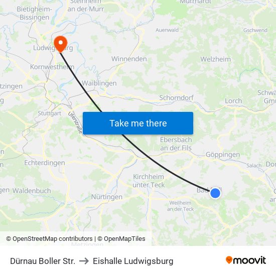 Dürnau Boller Str. to Eishalle Ludwigsburg map