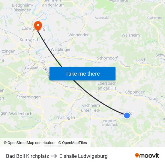 Bad Boll Kirchplatz to Eishalle Ludwigsburg map