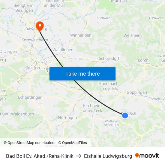 Bad Boll Ev. Akad./Reha-Klinik to Eishalle Ludwigsburg map