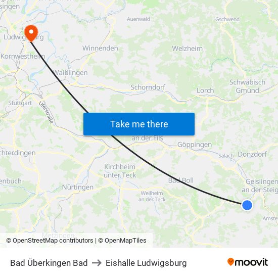 Bad Überkingen Bad to Eishalle Ludwigsburg map