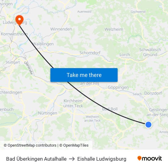 Bad Überkingen Autalhalle to Eishalle Ludwigsburg map