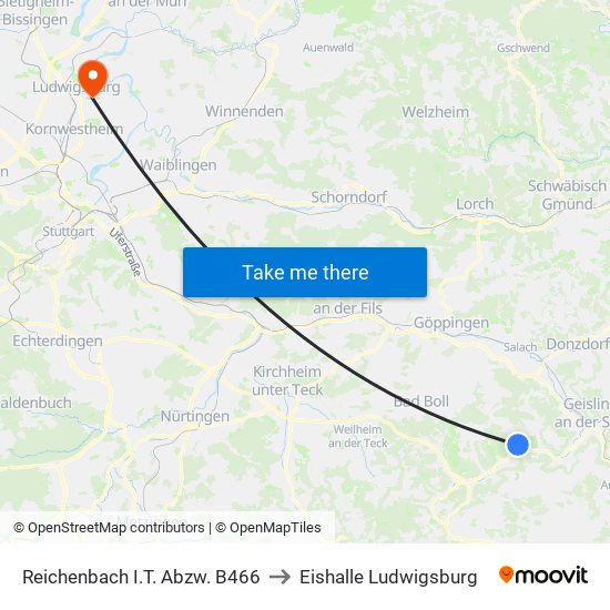 Reichenbach I.T. Abzw. B466 to Eishalle Ludwigsburg map