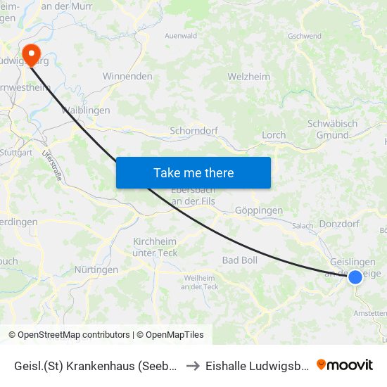 Geisl.(St) Krankenhaus (Seebach) to Eishalle Ludwigsburg map