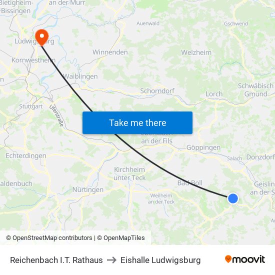 Reichenbach I.T. Rathaus to Eishalle Ludwigsburg map