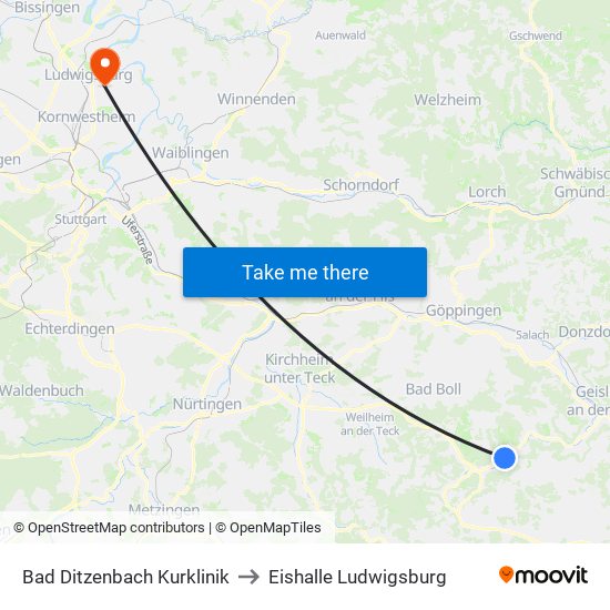Bad Ditzenbach Kurklinik to Eishalle Ludwigsburg map