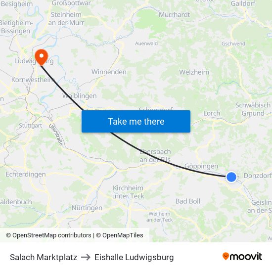 Salach Marktplatz to Eishalle Ludwigsburg map