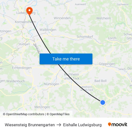 Wiesensteig Brunnengarten to Eishalle Ludwigsburg map
