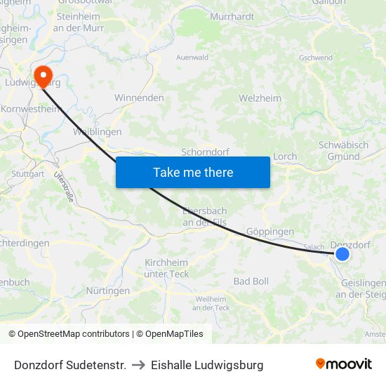 Donzdorf Sudetenstr. to Eishalle Ludwigsburg map