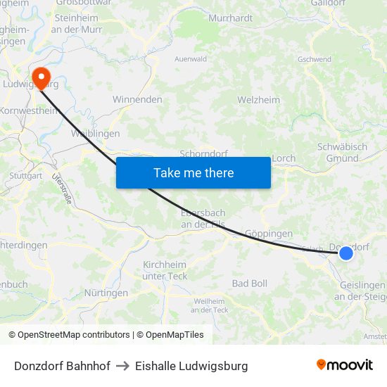 Donzdorf Bahnhof to Eishalle Ludwigsburg map