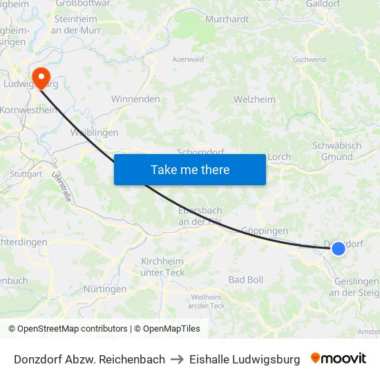 Donzdorf Abzw. Reichenbach to Eishalle Ludwigsburg map