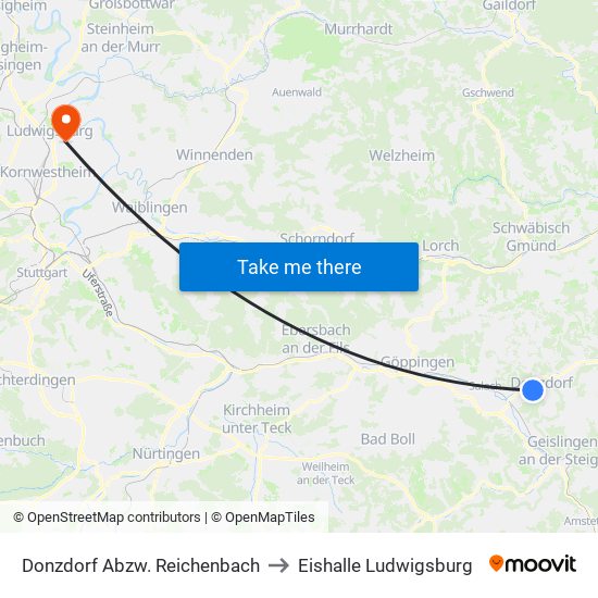 Donzdorf Abzw. Reichenbach to Eishalle Ludwigsburg map