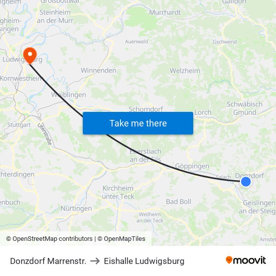 Donzdorf Marrenstr. to Eishalle Ludwigsburg map