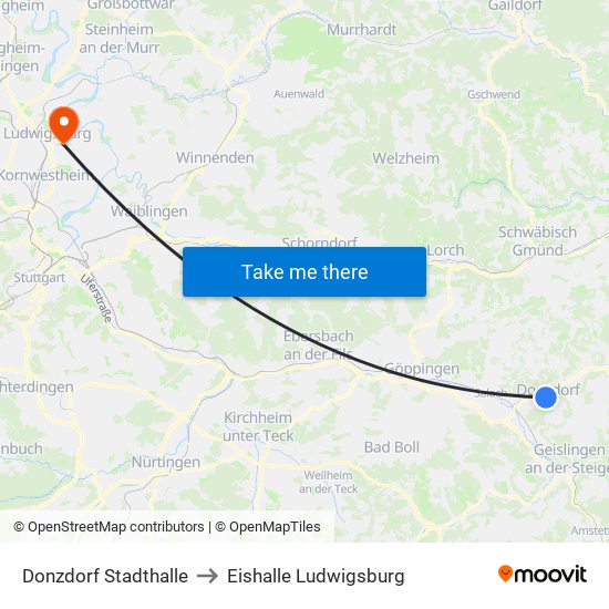 Donzdorf Stadthalle to Eishalle Ludwigsburg map