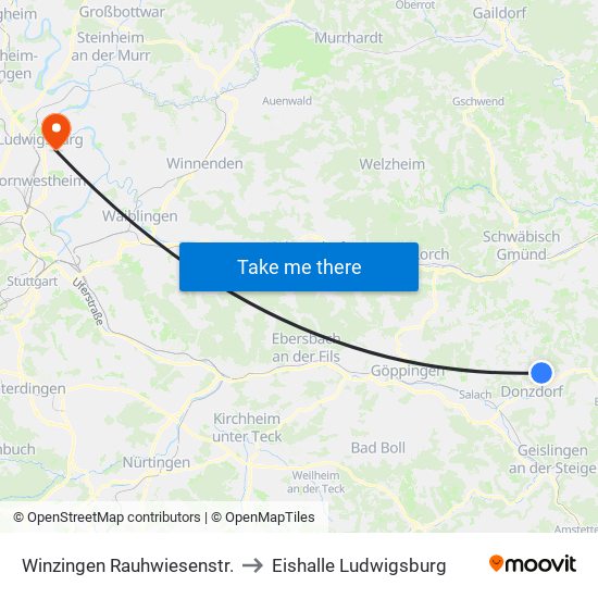 Winzingen Rauhwiesenstr. to Eishalle Ludwigsburg map