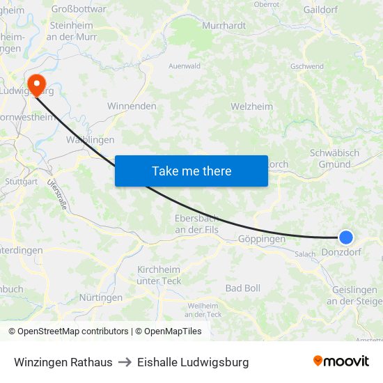 Winzingen Rathaus to Eishalle Ludwigsburg map