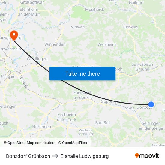 Donzdorf Grünbach to Eishalle Ludwigsburg map