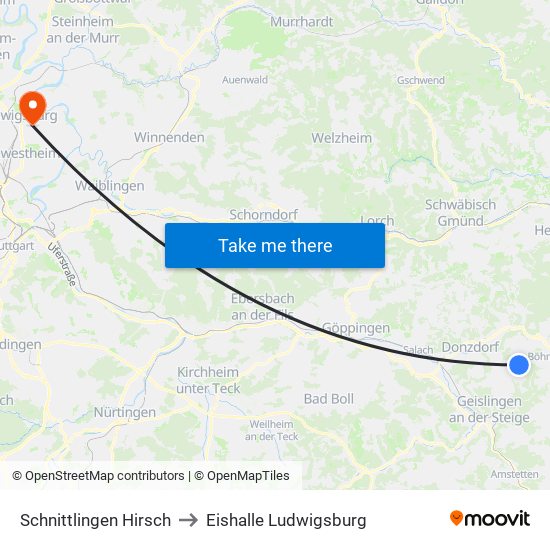 Schnittlingen Hirsch to Eishalle Ludwigsburg map