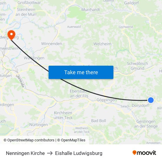 Nenningen Kirche to Eishalle Ludwigsburg map