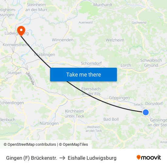 Gingen (F) Brückenstr. to Eishalle Ludwigsburg map