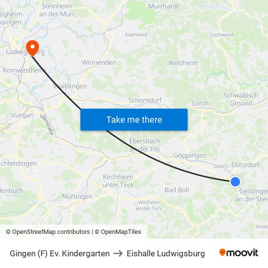 Gingen (F) Ev. Kindergarten to Eishalle Ludwigsburg map