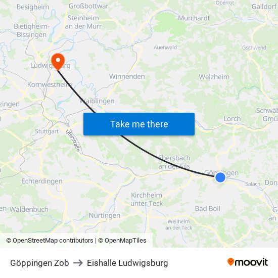Göppingen Zob to Eishalle Ludwigsburg map