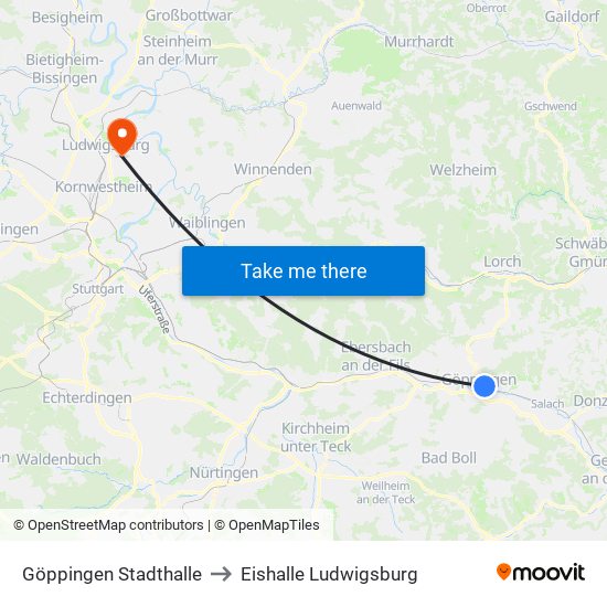 Göppingen Stadthalle to Eishalle Ludwigsburg map