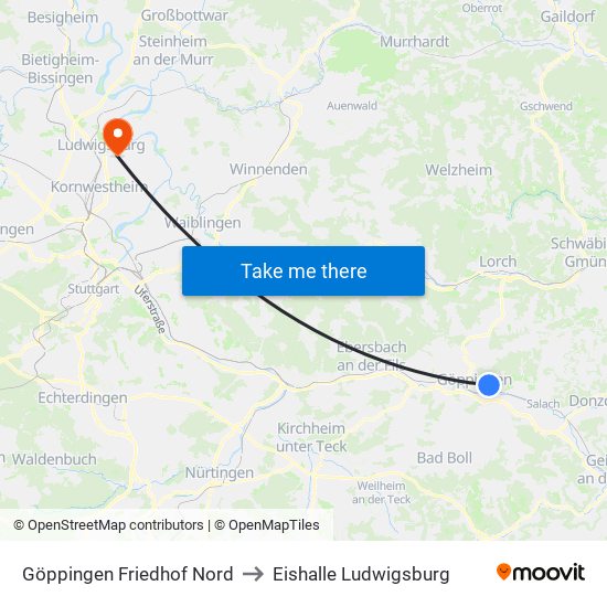 Göppingen Friedhof Nord to Eishalle Ludwigsburg map