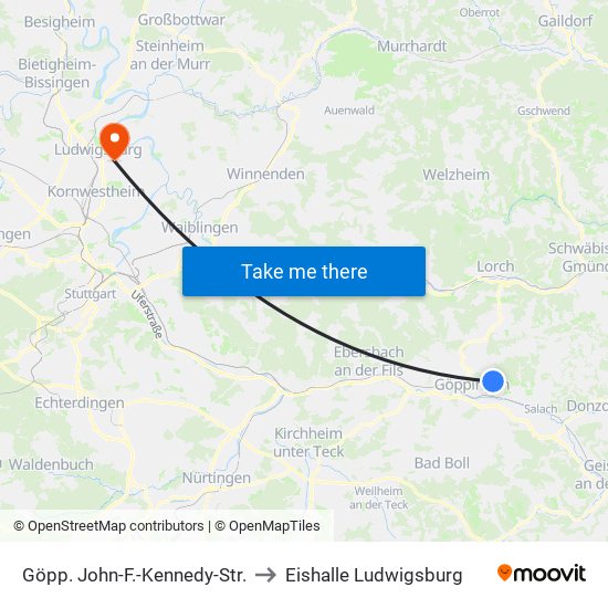 Göpp. John-F.-Kennedy-Str. to Eishalle Ludwigsburg map