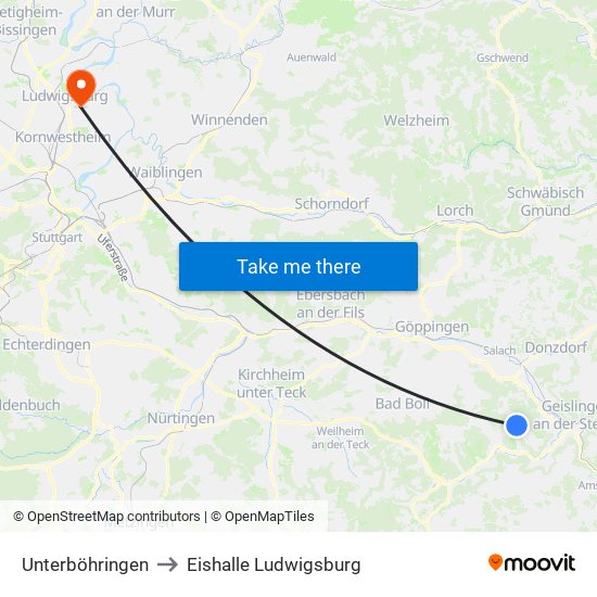 Unterböhringen to Eishalle Ludwigsburg map